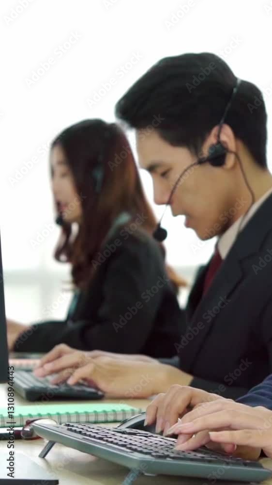 Business people wearing headset working in office to support remote customer or colleague. Call center, telemarketing, customer support agent provide service on telephone video conference call. Business people wearing headset working in office to support remote customer or colleague. Call center, telemarketing, customer support agent provide service on telephone video conference call.