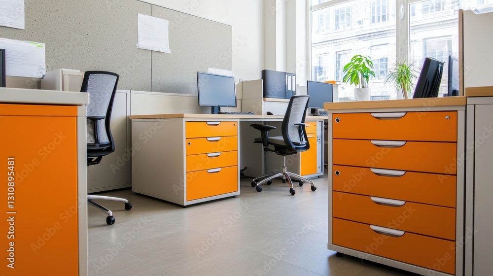 Modern Office Space with Orange Furniture and Computer Workstations Modern Office Space with Orange Furniture and Computer Workstations