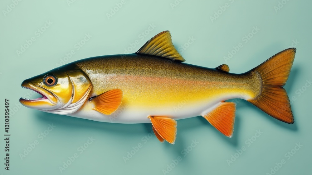 Fototapeta premium A vibrant palomino trout with golden-yellow and orange hues on a light blue background.