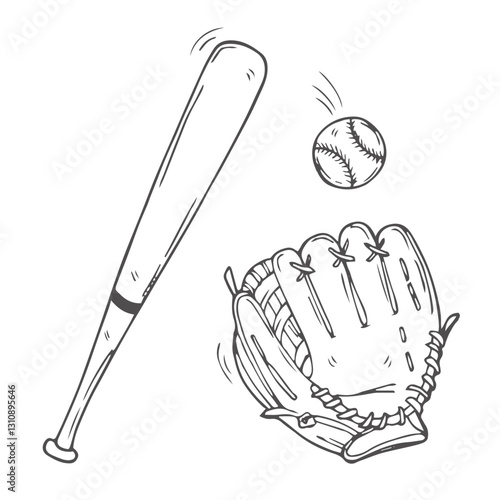 baseball bat, ball and glove, set, doodle style, sketch illustration, hand drawn, vector