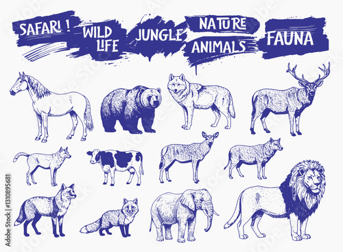 A vintage-style hand-drawn illustration featuring various animals, including wild and domestic species
