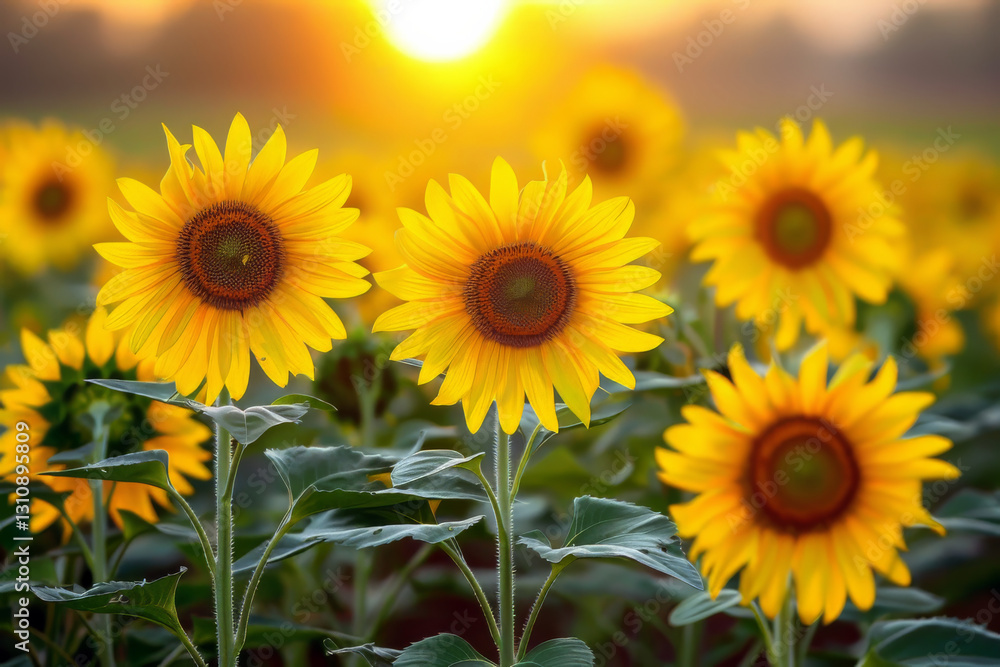 Fototapeta premium A field of vibrant yellow sunflowers bathed in warm golden sunlight, with the sun setting in the background. A stunning display of nature and summer beauty.
