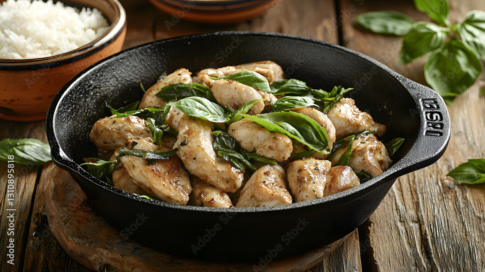 Rustic Thai Basil Chicken Presentation Served in Cast Iron with Side of Rice Rustic Thai Basil Chicken Presentation Served in Cast Iron with Side of Rice