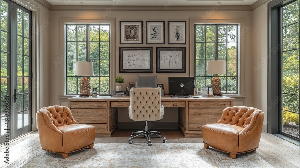 Obraz premium Luxurious home office with large windows, wooden desk, comfortable armchairs, and artwork.