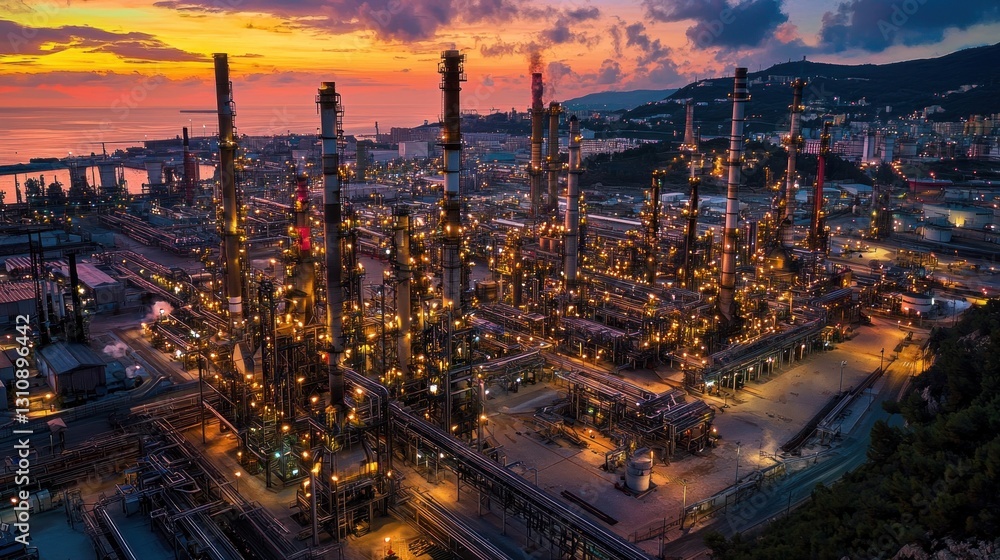 Fototapeta premium Illuminated Industrial Complex at Sunset