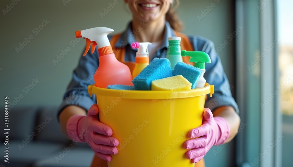Close up of smiling woman carrying yellow bucket full of cleaning supplies sprays, bottles, sponges. Pink gloves, cleaning service, cleanliness concept, cleaning home, office, spring cleaning, eco Close up of smiling woman carrying yellow bucket full of cleaning supplies sprays, bottles, sponges. Pink gloves, cleaning service, cleanliness concept, cleaning home, office, spring cleaning, eco