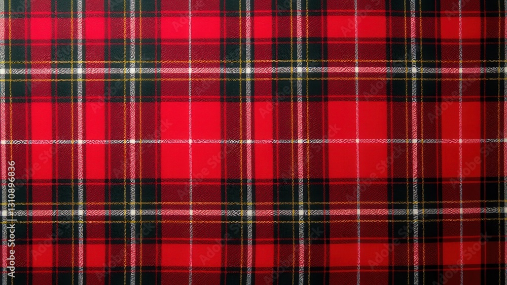 Red plaid tartan pattern with intersecting lines in black, white, and yellow. Red plaid tartan pattern with intersecting lines in black, white, and yellow.