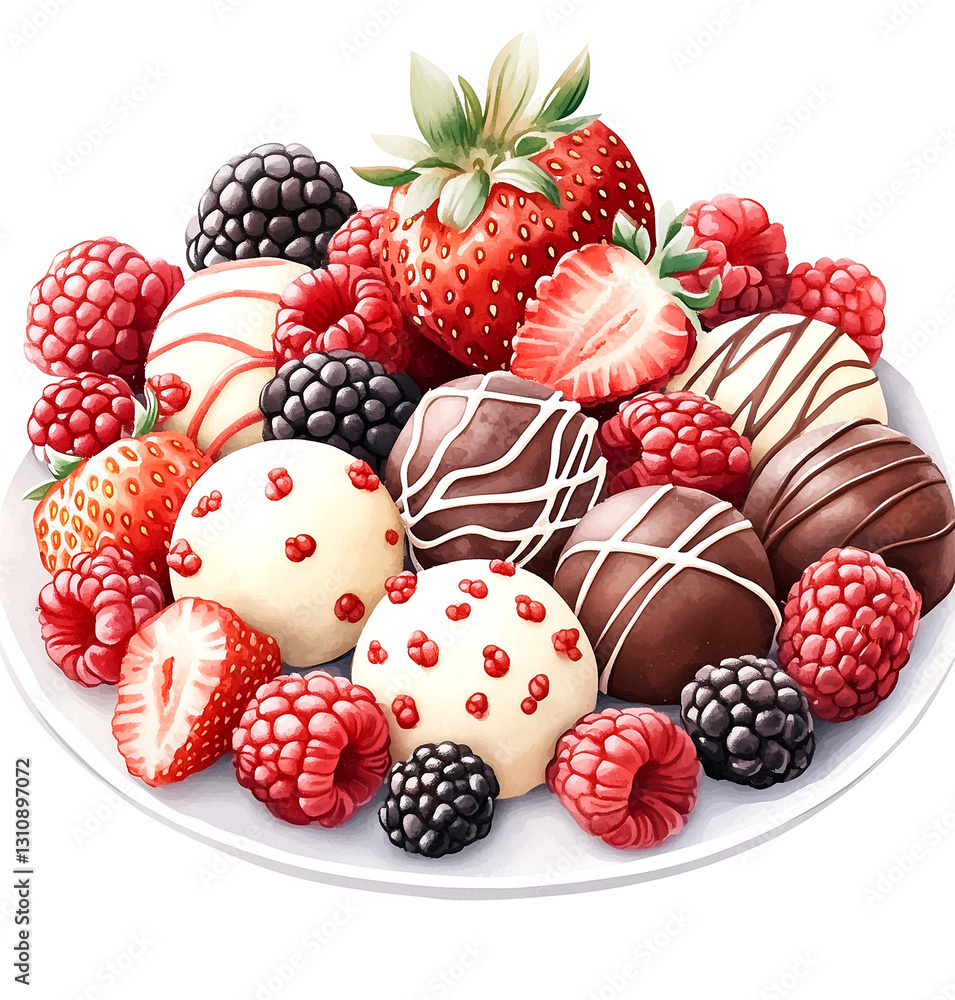 Plate of strawberries, raspberries, and chocolate covered strawberries. The plate is white and the strawberries are red