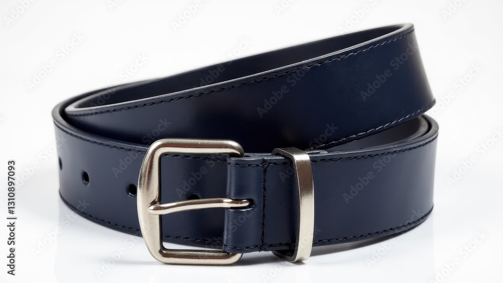 A black leather belt with a silver buckle, coiled neatly. A black leather belt with a silver buckle, coiled neatly.