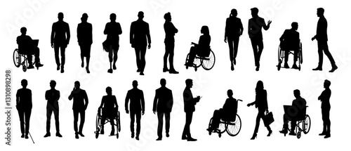 Silhouettes of diverse business people standing, walking, men, women full length, disabled persons sitting in wheelchair. Inclusive business concept. Vector illustration isolated 