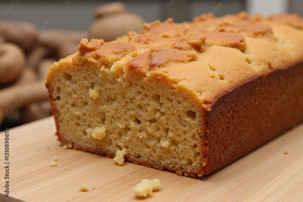 Deliciously Moist and Golden Yellow Homemade Cake Loaf with a Perfectly Crusty Outside, Perfectly Cut on a Wooden Board Surrounded by Cozy Kitchen Elements Deliciously Moist and Golden Yellow Homemade Cake Loaf with a Perfectly Crusty Outside, Perfectly Cut on a Wooden Board Surrounded by Cozy Kitchen Elements