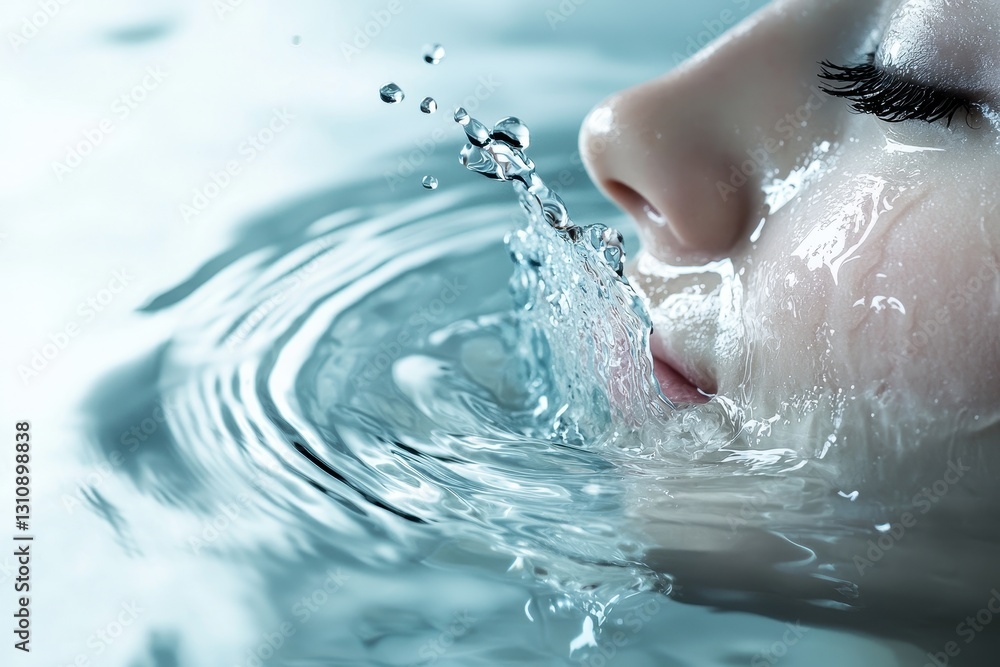 Fototapeta premium A close-up of a serene face partially submerged in water, creating ripples and bubbles, evoking tranquility and a connection to nature.