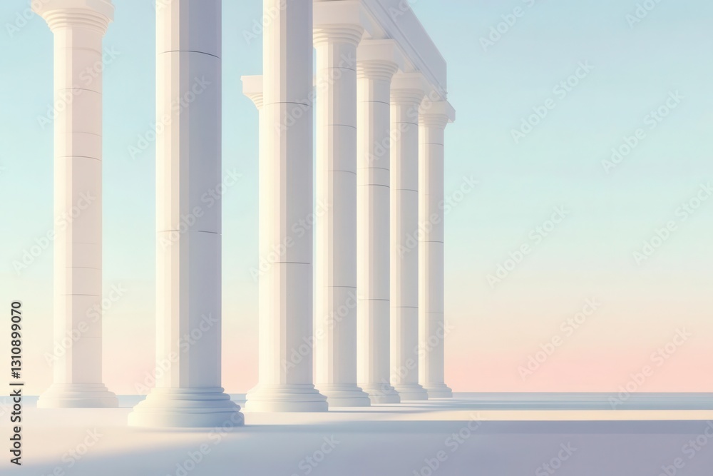 Fototapeta premium minimalist architectural dreamscape with slender white columns tilting at subtle angles against a pale blue gradient sky, creating an ethereal perspective study with clean lines and subtle shadows