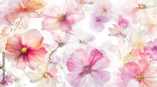Watercolor Illustration set of Pink cosmos flowers on a white background,spring summer nature,Vibrant pink cosmos blooming,Children's card,banner,raindrops drawn by hand.