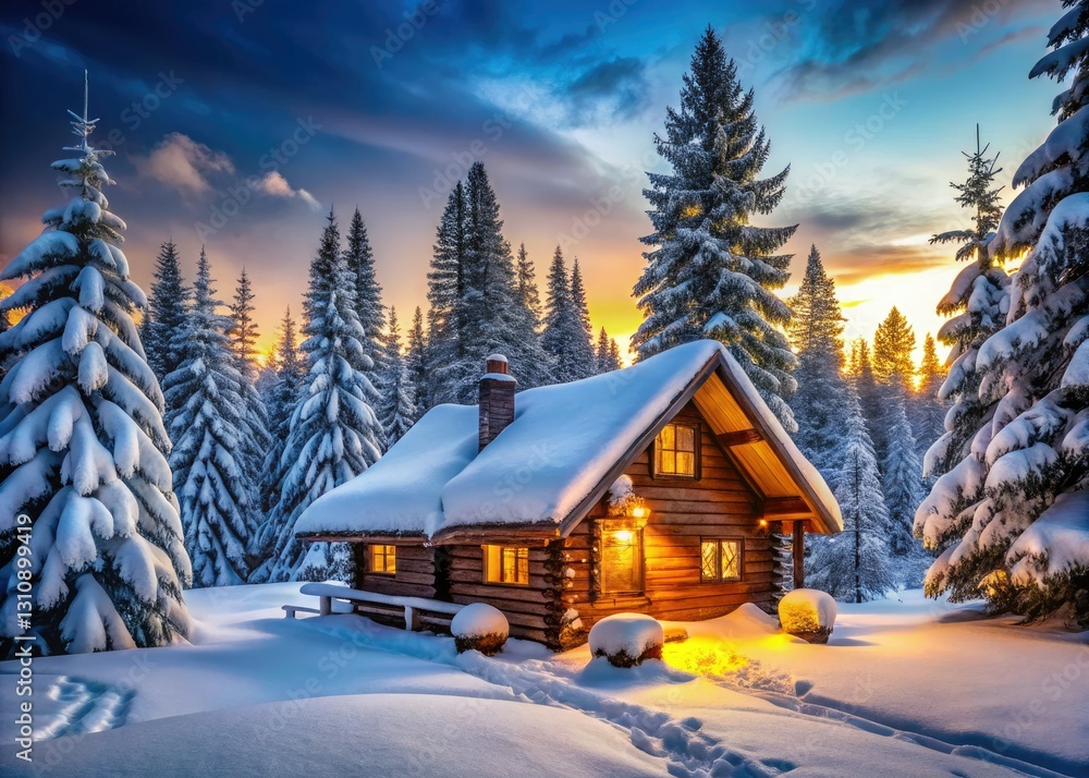 Fototapeta premium Winter Wonderland Log Cabin Panoramic - Snowy Trees, Peaceful Cabin, Serene Landscape