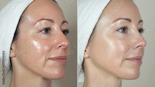 The image showcases a before-and-after transformation of a woman's face, highlighting improved skin texture and radiance.