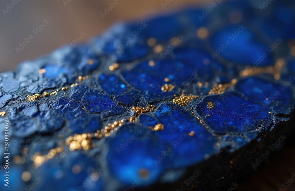 Fototapeta premium Close-up shot of lapis lazuli stone with gold flecks inclusions. Blue mineral with glitter texture, shimmer, sparkle. Semi-precious jewellery stone with rough crystalline structure, geologic cobalt