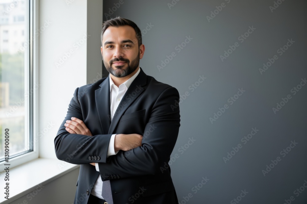 Professional Caucasian Male in a Business Suit Posing Confidently by a Window in a Modern Office Setting Professional Caucasian Male in a Business Suit Posing Confidently by a Window in a Modern Office Setting