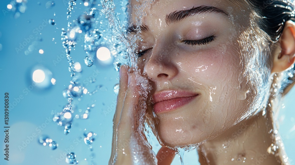 Fototapeta premium A serene moment of a woman washing her face, surrounded by droplets of water, conveying freshness and beauty.