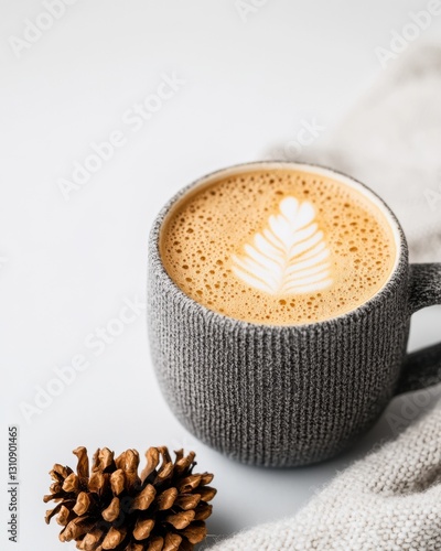 Hygge Inspired Artisan Latte Minimalist Textured Ceramic Mug with Elegant Leaf Latte Art - Cozy Winter Wellness and Creative Cafe Culture Experience photo