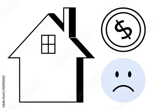 House silhouette symbolizes home ownership dollar coin suggests financial concerns, accompanied by a sad face. Ideal for debt, housing crisis, recession, affordability, economy, loss, financial