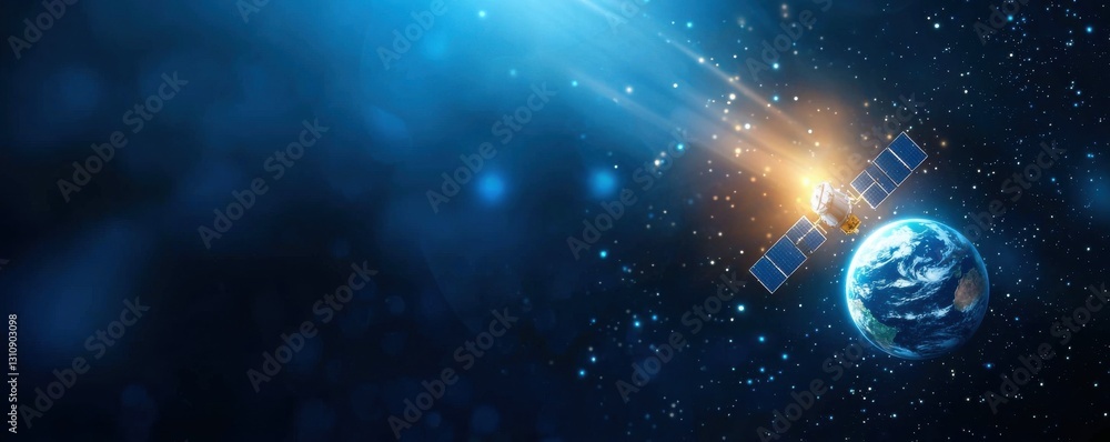 Obraz premium Satellite Orbiting Earth in Stunning Cosmic Landscape with Glowing Blue Atmosphere Solar Panels and Twinkling Stars in the Distance