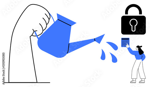 Large hand pours water from a blue watering can, symbolizing growth. A woman holds a calculator near a secure padlock, hinting at financial or data security. Ideal for finance, security, investment