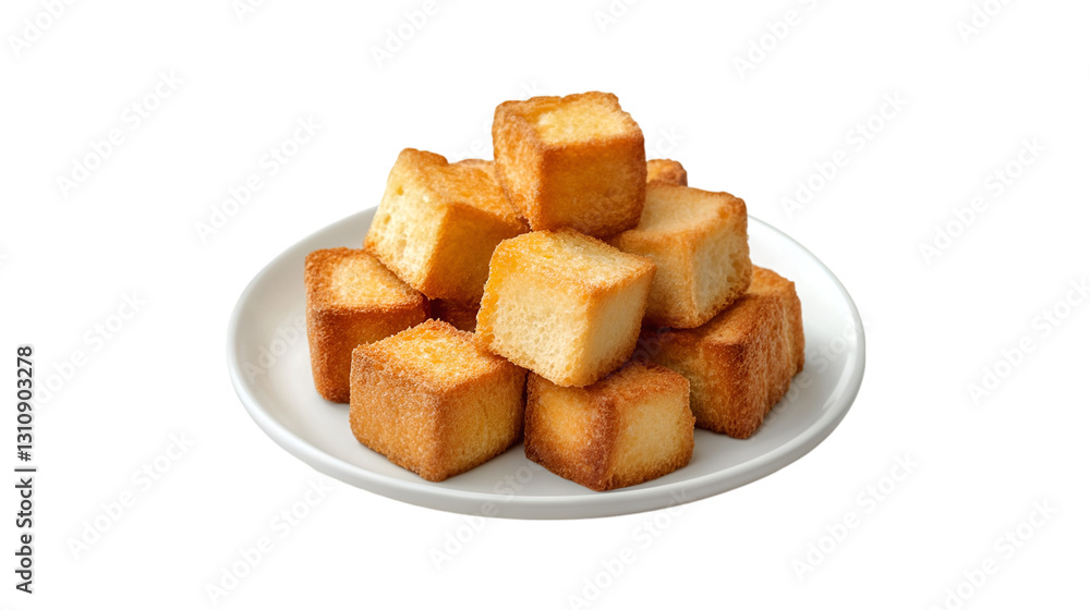 Golden Brown Toast Cubes on White Plate Delicious Snack Golden Brown Toast Cubes on White Plate Delicious Snack