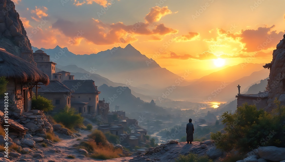 Fototapeta premium Sunset Serenity: A Monk Contemplates the Majestic Mountain Valley