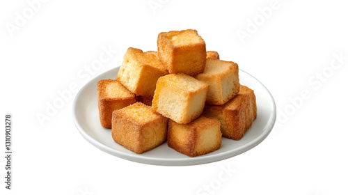 Golden Brown Toast Cubes on White Plate Delicious Snack