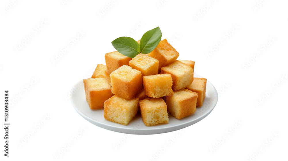 Golden Croutons on White Plate Garnish with Basil Golden Croutons on White Plate Garnish with Basil