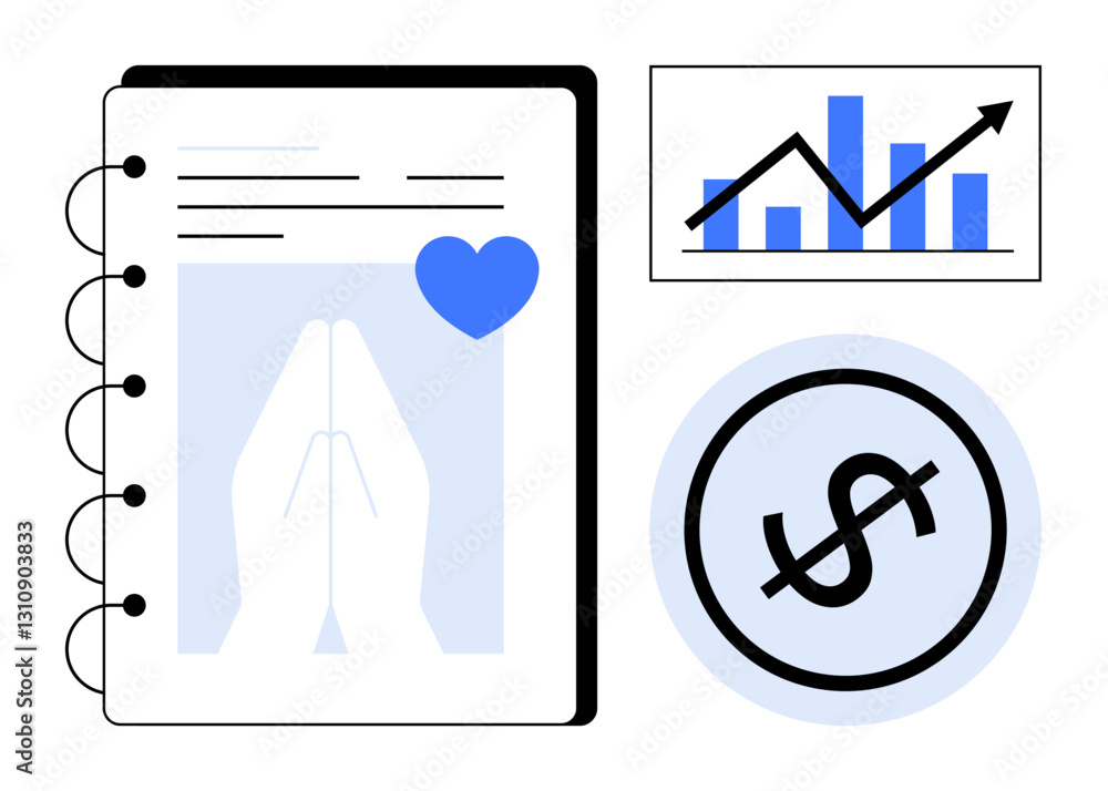Obraz premium Notebook featuring praying hands and heart graphic, growth chart with arrow and bar graph, and dollar icon. Ideal for faith-driven finance, charity, budgeting, growth, spirituality, donations