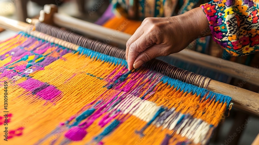 Fototapeta premium Weaving Threads of Tradition: A craftsman's hand delicately maneuvers the shuttle through the vibrant warp and weft, crafting a tapestry of culture and skill.