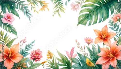 Tropical Floral Border isolated on White Background.
