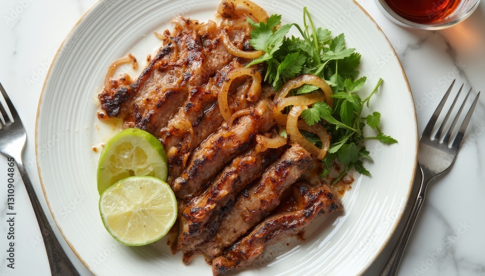 Delicious grilled steak with caramelized onions and fresh herbs presentation Delicious grilled steak with caramelized onions and fresh herbs presentation