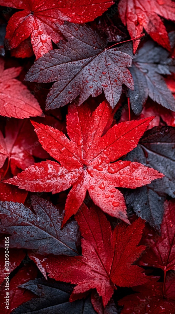 Red leaves with water droplets on them Red leaves with water droplets on them
