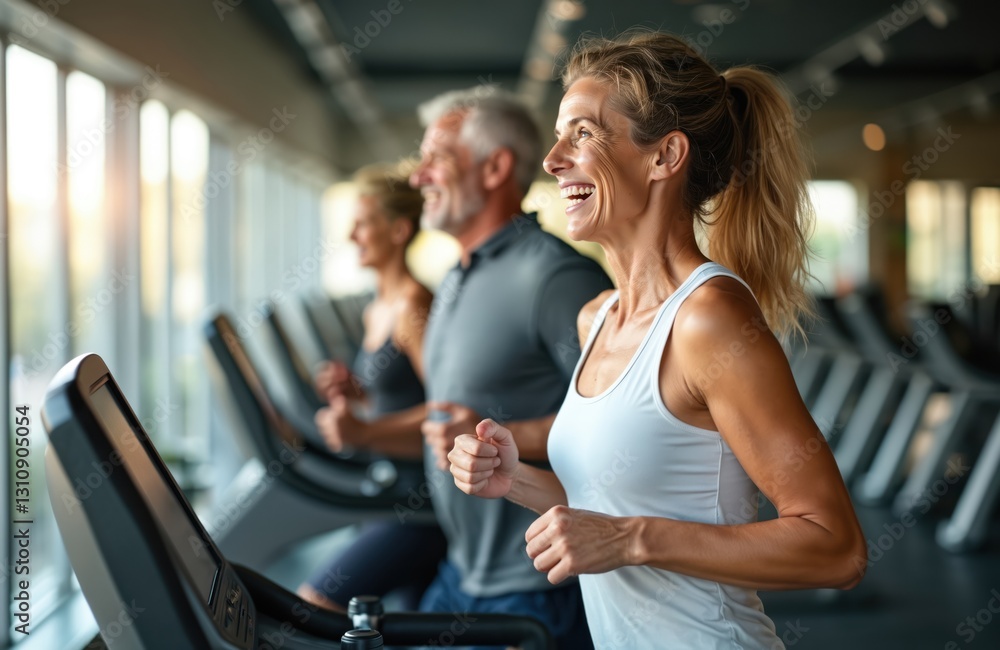Middle age people run on treadmills in modern gym. Mature fit couple, friends together do cardio workout and burning calories. Happy sporty lifestyle. Health care on fitness machine indoors. Middle age people run on treadmills in modern gym. Mature fit couple, friends together do cardio workout and burning calories. Happy sporty lifestyle. Health care on fitness machine indoors.