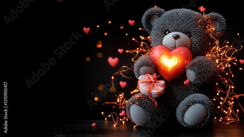 Wallpaper Mural Cute 3D Teddy Bear Holding a Heart-Shaped Gift Surrounded by Glowing Hearts and Lights Torontodigital.ca