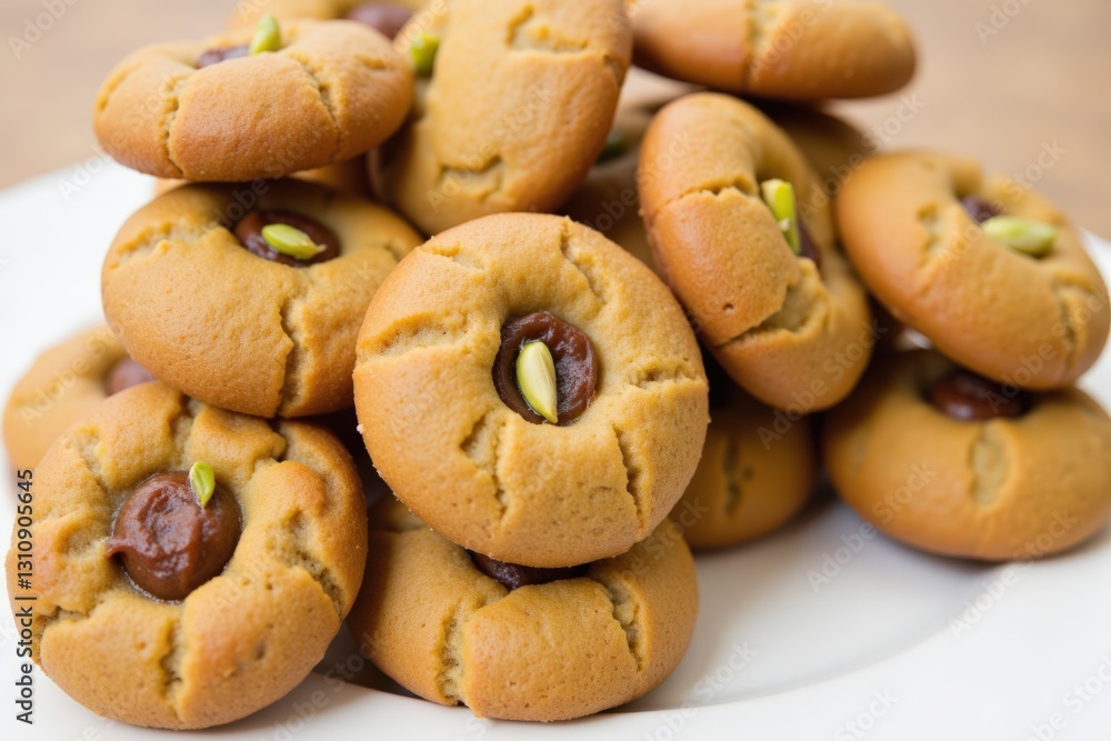 Delicious Middle Eastern Cookies Stacked on a White Plate with Chocolate Centers and Pistachio Nuts, Perfect Treat for Any Occasion