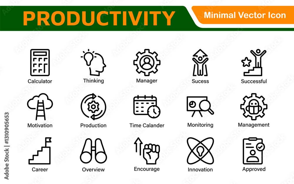 Productivity and Efficiency Icons Collection. Vector Icons for Task Management, Time Optimization, Work Process, and Goal Achievement Productivity and Efficiency Icons Collection. Vector Icons for Task Management, Time Optimization, Work Process, and Goal Achievement