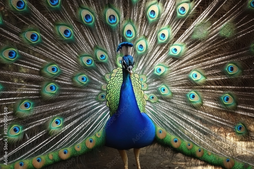 Naklejka premium Peacock displaying its magnificent tail feathers in a lush garden vibrant colors nature photography close-up view captivating wildlife concept
