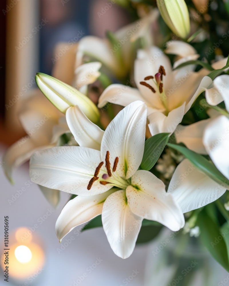 Obraz premium Serene Sympathy and Inclusive Remembrance Soft-Focus White Lily Memorial - Compassionate Grief Support Visual Storytelling