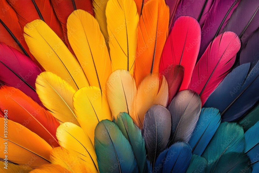 Obraz premium Vibrant display of feathers in a fan pattern nature colorful feather art close-up artistic presentation of natural beauty