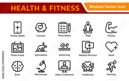 Health and Fitness Icon Set. Vector Icons for Exercise, Wellness, Nutrition, Gym, Yoga, and Healthy Lifestyle