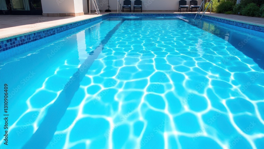 Fototapeta premium A clear blue swimming pool with reflections of sunlight on the water surface, surrounded by a tiled deck and poolside chairs.