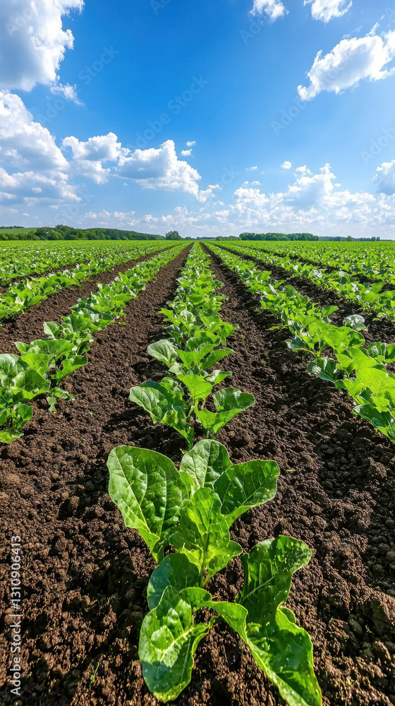Lush green field of soy plants stretching under a clear blue sky with vibrant green foliage and sunlit landscape Lush green field of soy plants stretching under a clear blue sky with vibrant green foliage and sunlit landscape