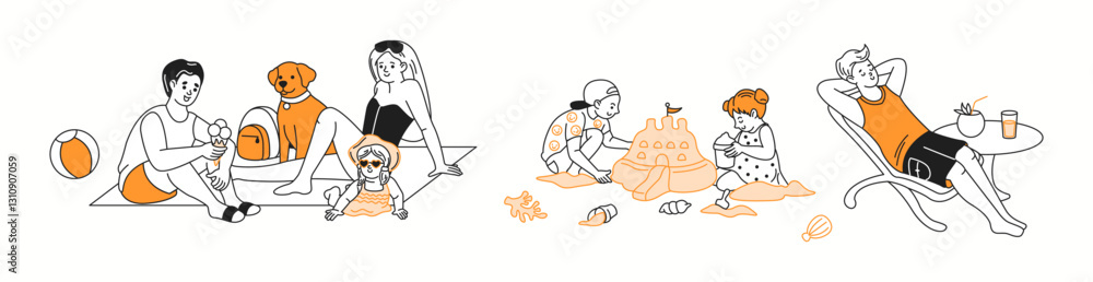 A cheerful family spending quality time together on the beach, enjoying ice cream and relaxing in the summer sun, depicted in a playful doodle-style drawing. A cheerful family spending quality time together on the beach, enjoying ice cream and relaxing in the summer sun, depicted in a playful doodle-style drawing.