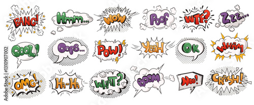Collection of comic style speech bubbles with pop art expressions including bang cool omg and more. Vibrant colors and dynamic typography evoke a playful feel.