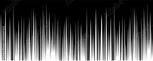 An abstract monochrome pattern resembling a soundwave. The design features tall, irregular vertical lines in black and white, creating a dynamic visual rhythm reminiscent of audio waves.