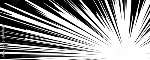 Abstract black and white illustration featuring dynamic speed lines converging from all directions creating a sense of motion. Ideal for emphasizing action and energy.